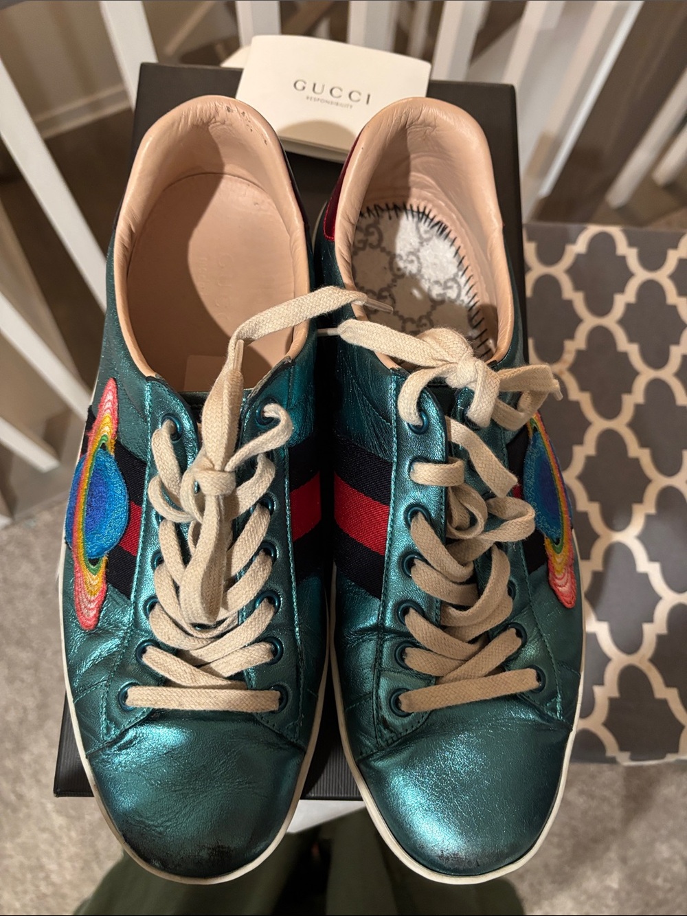 Gucci Metallic Teal Rainbow Embroidered Ace Sneakers